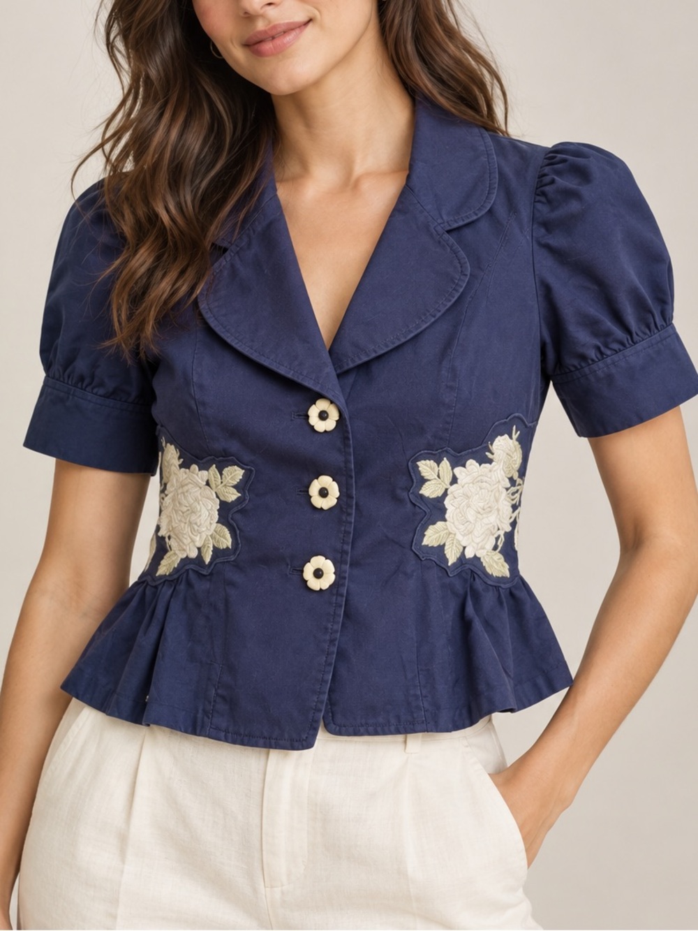 Anthropologie Elevenses Floral Embroidered Peplum Jacket Navy Cotton Size 2